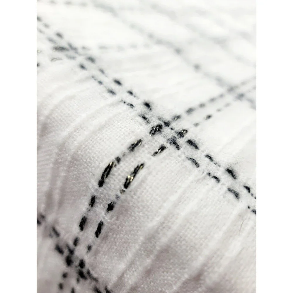 Ann Taylor Fringed Blanket Scarf White Black Plaid Gold Accents 80x27 NWT $70